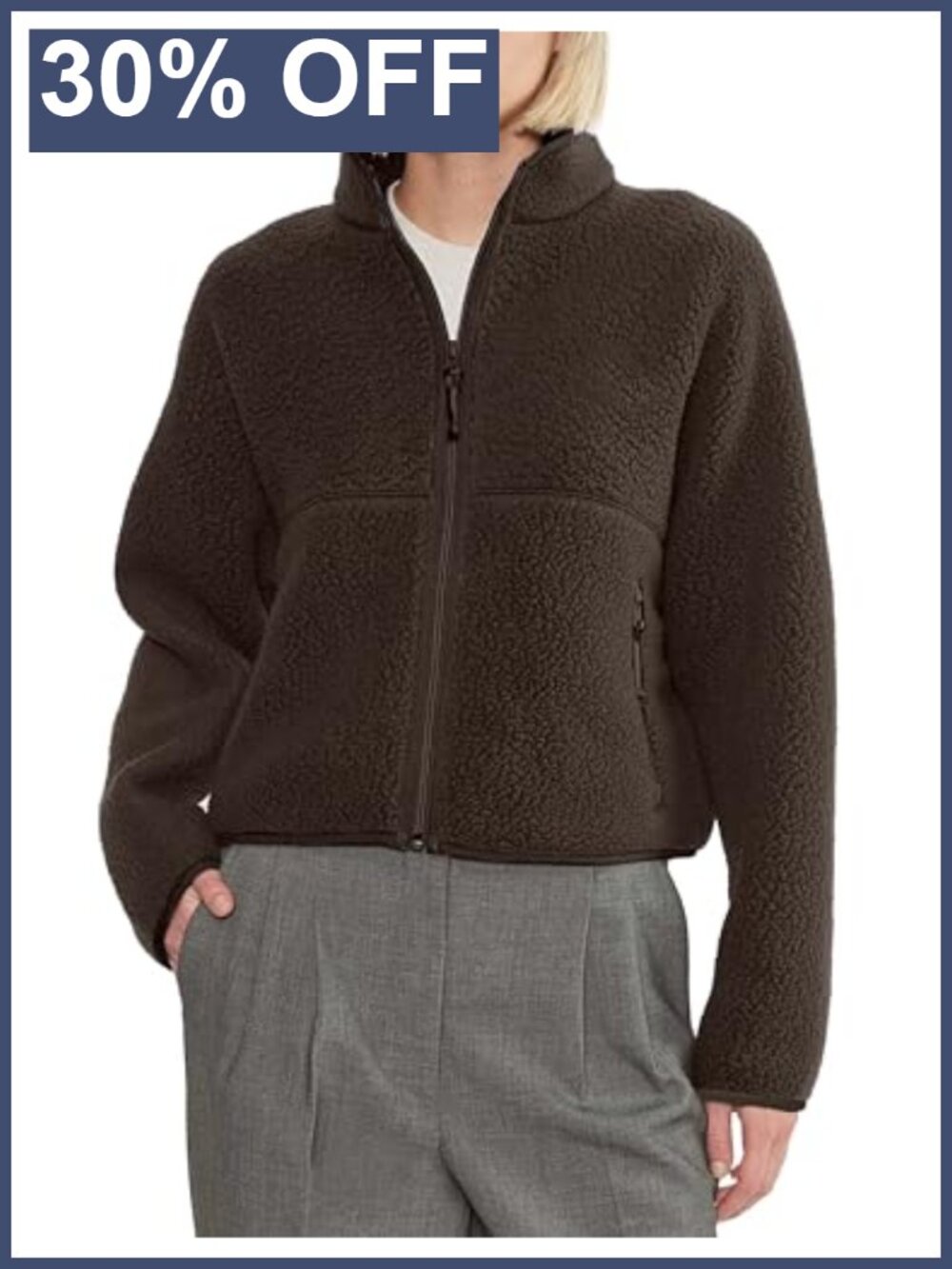 Sherpa Fleece Zip Up Jacket Stand Collar Pockets Loose Fit Warm Coat